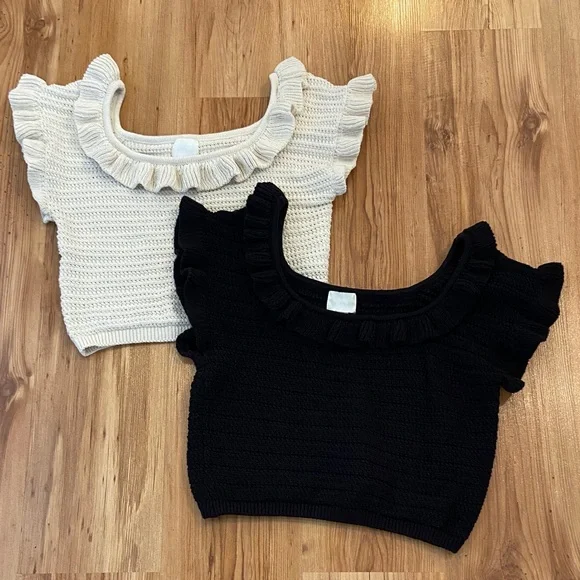 TWO H&M cropped crochet ruffled sweaters - cotton blend! L and XL - Picture 1 of 8